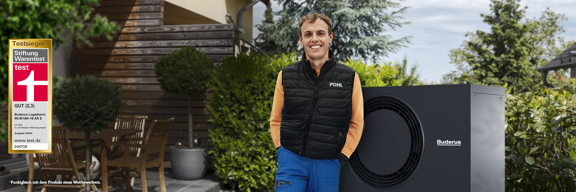 Ein Mann steht lächelnd vor einer Wärmepumpe. Auf der Wärmepumpe ist der Herstellername Buderus zu lesen. Sie steht rechts unten in der Ecke. Der Mann trägt eine schwarze Weste mit POHL Aufdruck und eine blaue Arbeitshose. Im Hintergrund ist ein Haus mit Garten zu sehen. Links unten in der Ecke ist ein Testsieger Siegel von Stiftung Warentest. Die Buderus Wärmepumpe (Modell Buderus Logatherm WLW186-10 AR E) hat mit Gut (2,3) abgeschlossen. Im Test waren 5 Luft-Wasser-Wärmepumpen. Ausgabe 8/2024. Es ist noch die Website www.test.de angeben sowie die Siegelnummer 24KP26. Unter dem Siegel befindet sich noch der Hinweis, dass das Ergebnis punktgleich mit dem Produkt eines Wettbewerbers war.